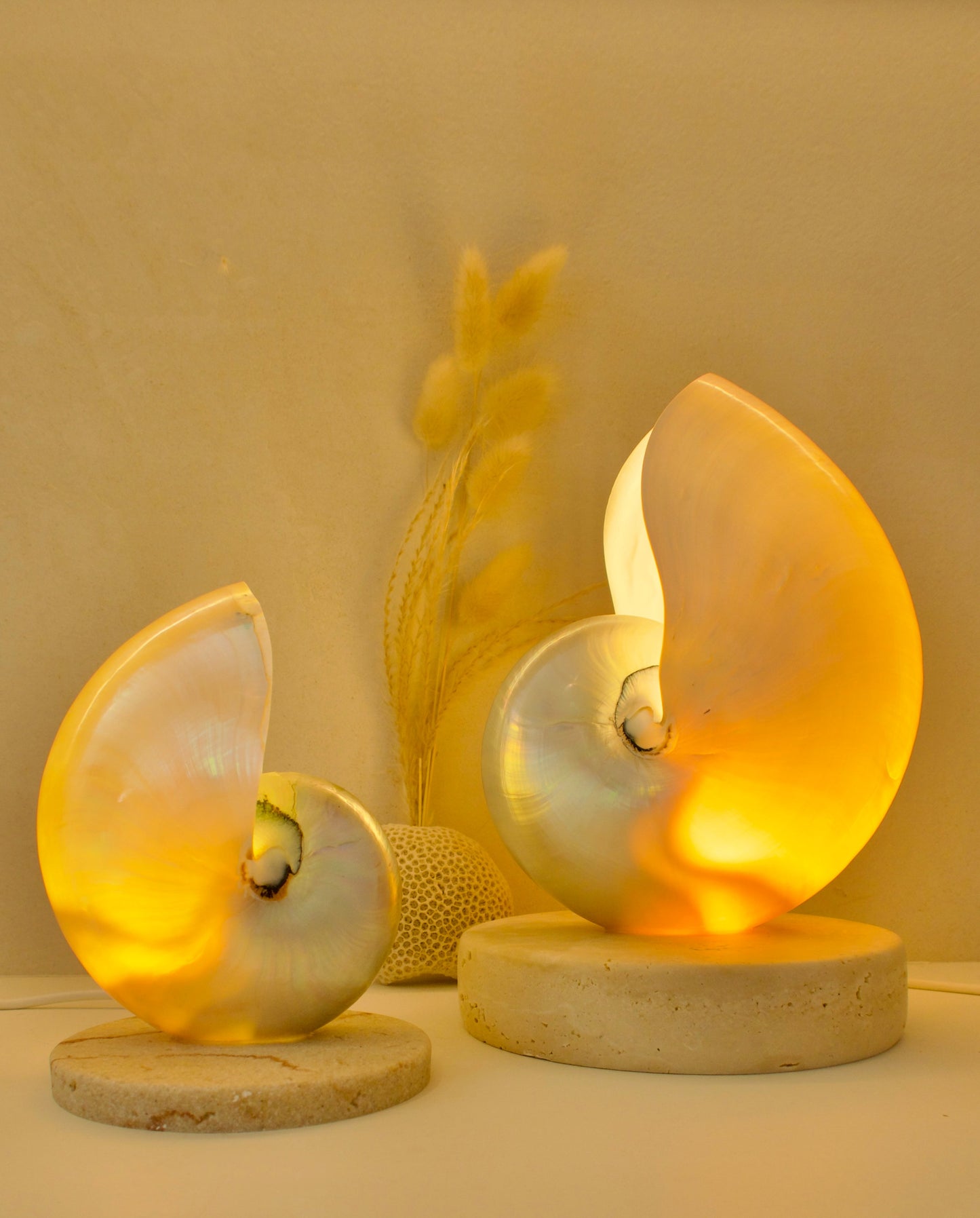 small and large shell bedside lamps on a travertine base.