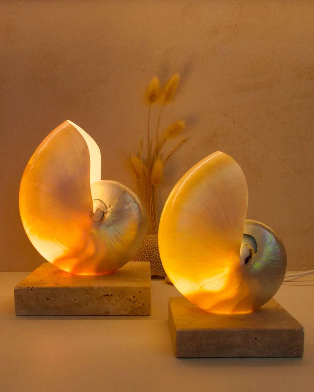 mother of pearl nautilus shell bedside lamps on a square travertine base