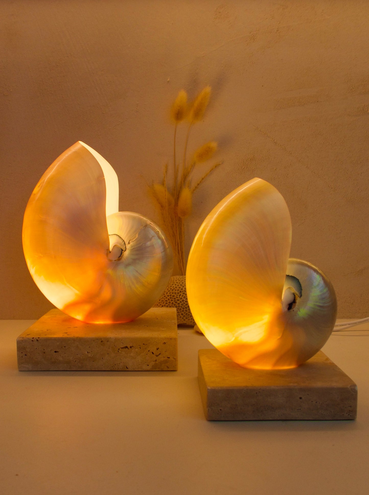 mother of pearl nautilus shell bedside lamps on a square travertine base