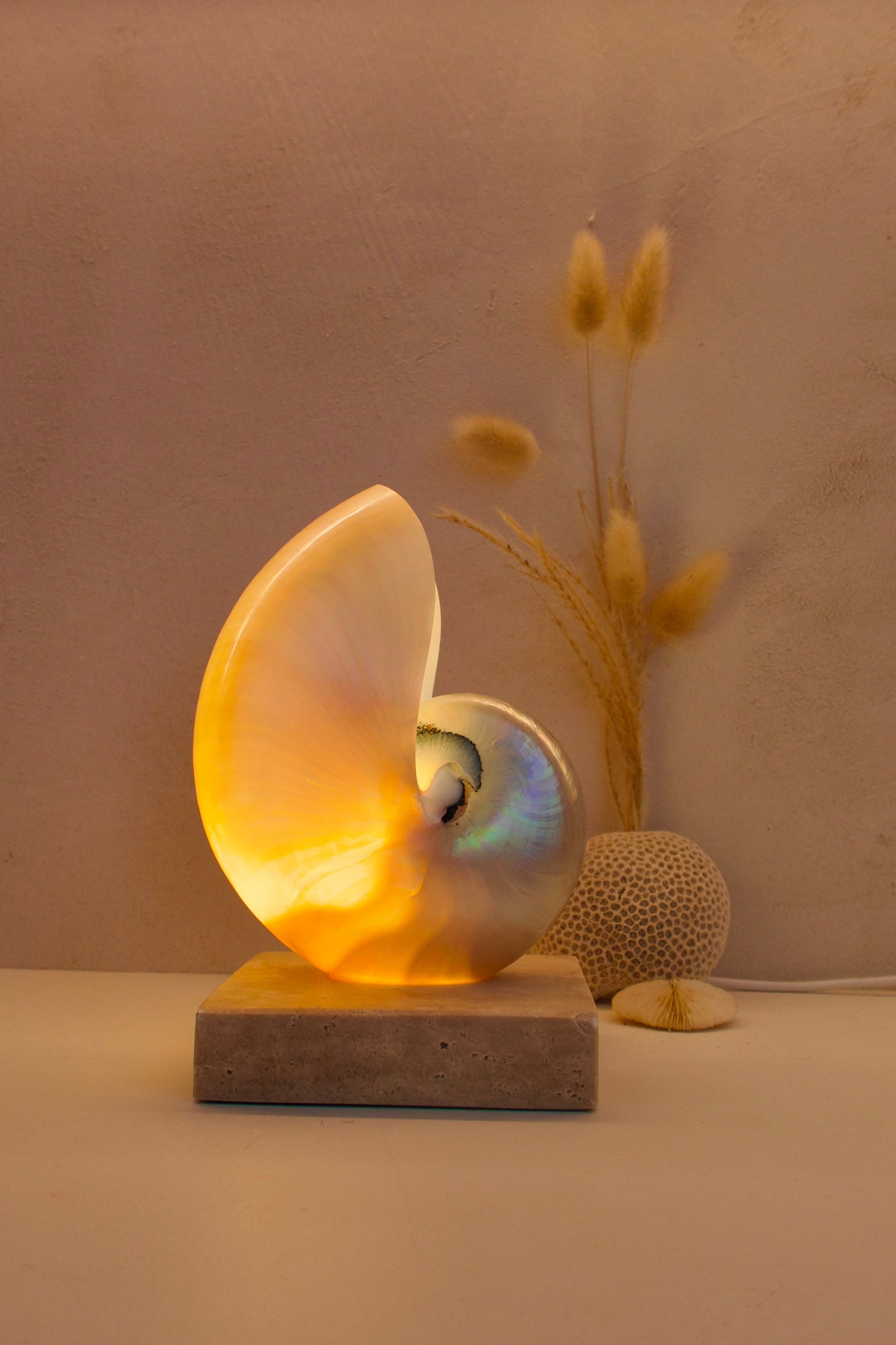 small mother of pearl nautilus shell bedside lamp on a square travertine base