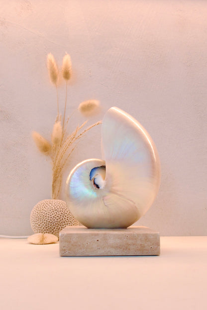 small mother of pearl nautilus shell bedside lamp on a square travertine base
