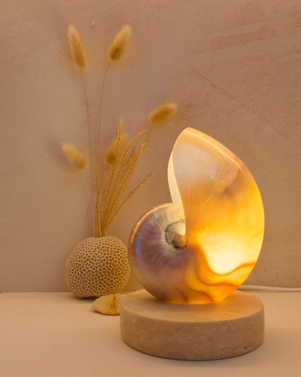 small mother of pearl nautilus shell bedside lamp on a travertine base
