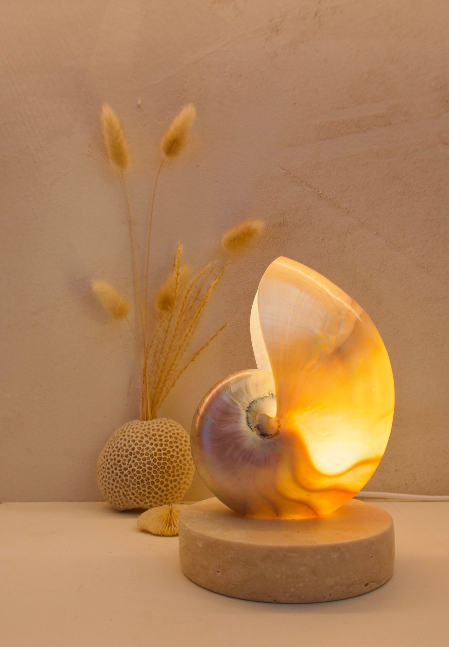 small mother of pearl nautilus shell bedside lamp on a travertine base