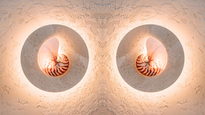 Nautilus shell and travertine stone wall sconce on textured render